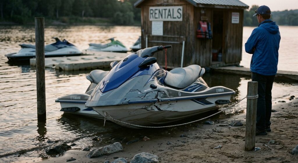 Damaged jet ski moored at rental dock after water collision.