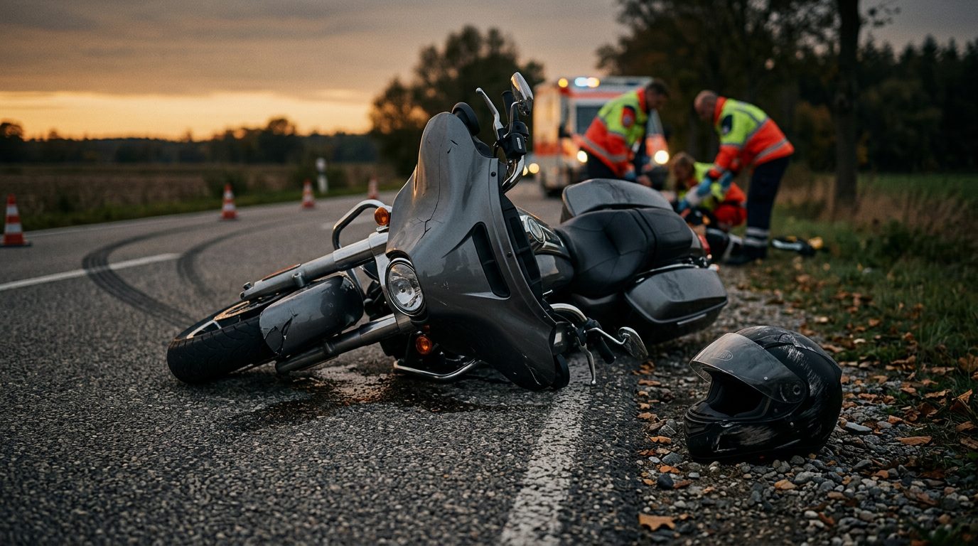 Damaged motorcycle and helmet on pavement after collision at dusk.