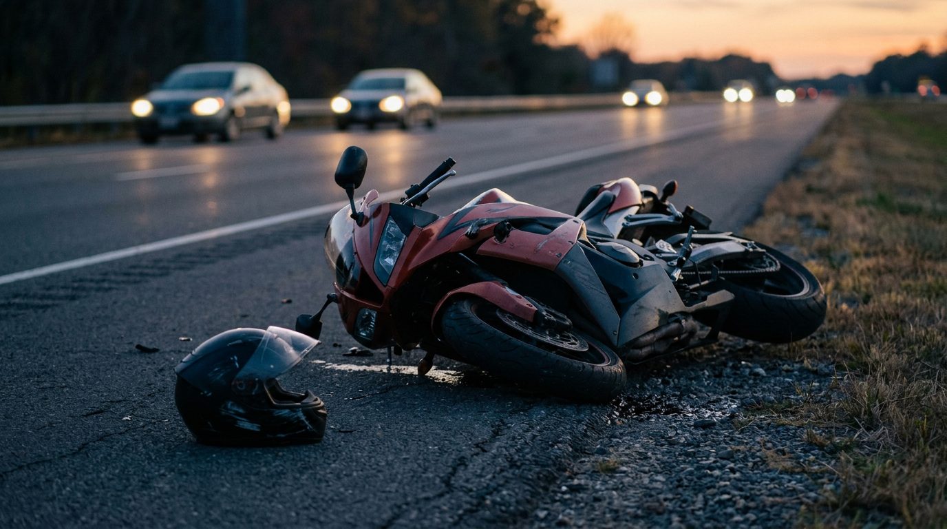 Damaged motorcycle and helmet on pavement after collision at dusk.
