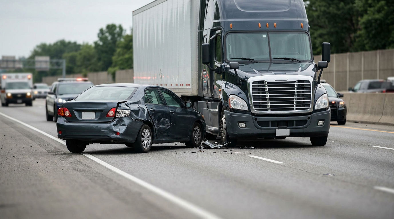 Damaged semi truck and crushed passenger car after a serious highway collision.