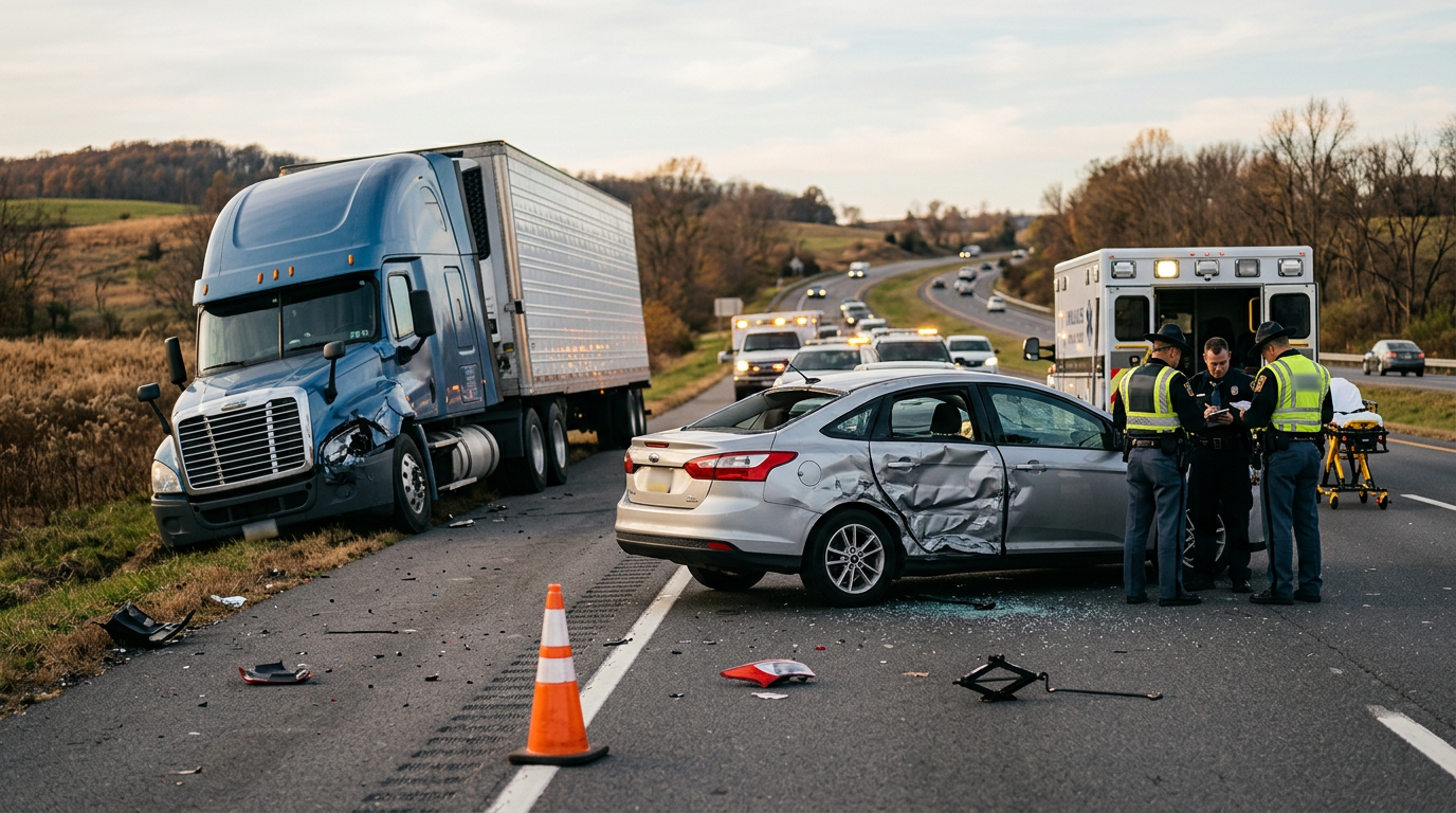 Damaged semi truck and crushed passenger car after a serious highway collision.