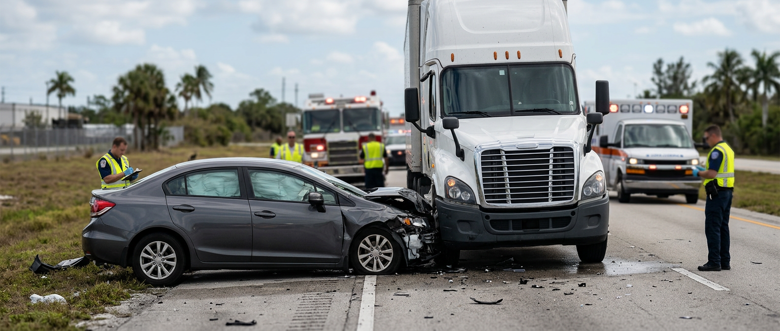 Damaged semi truck and crushed passenger car after a serious highway collision.