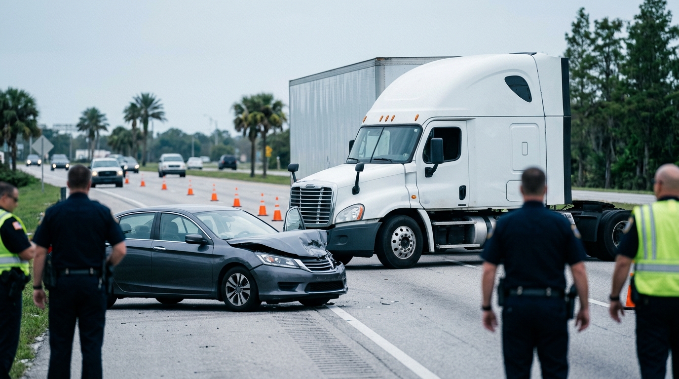 Damaged semi truck and crushed passenger car after a serious highway collision in Florida.