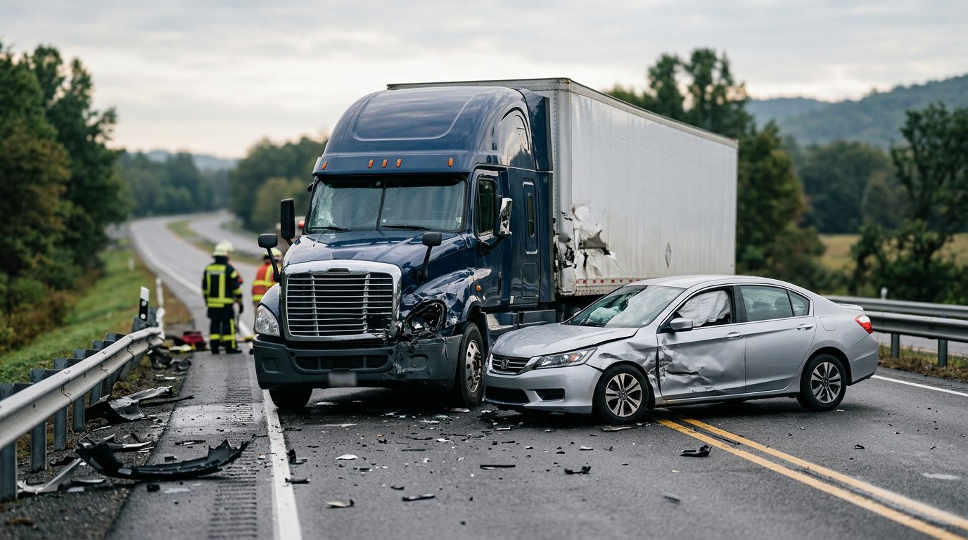 Damaged semi truck and crushed passenger car at the scene of a serious highway collision.