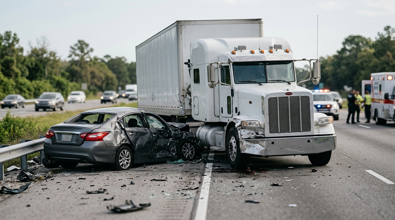 Damaged semi truck and crushed passenger vehicle after a serious highway collision.