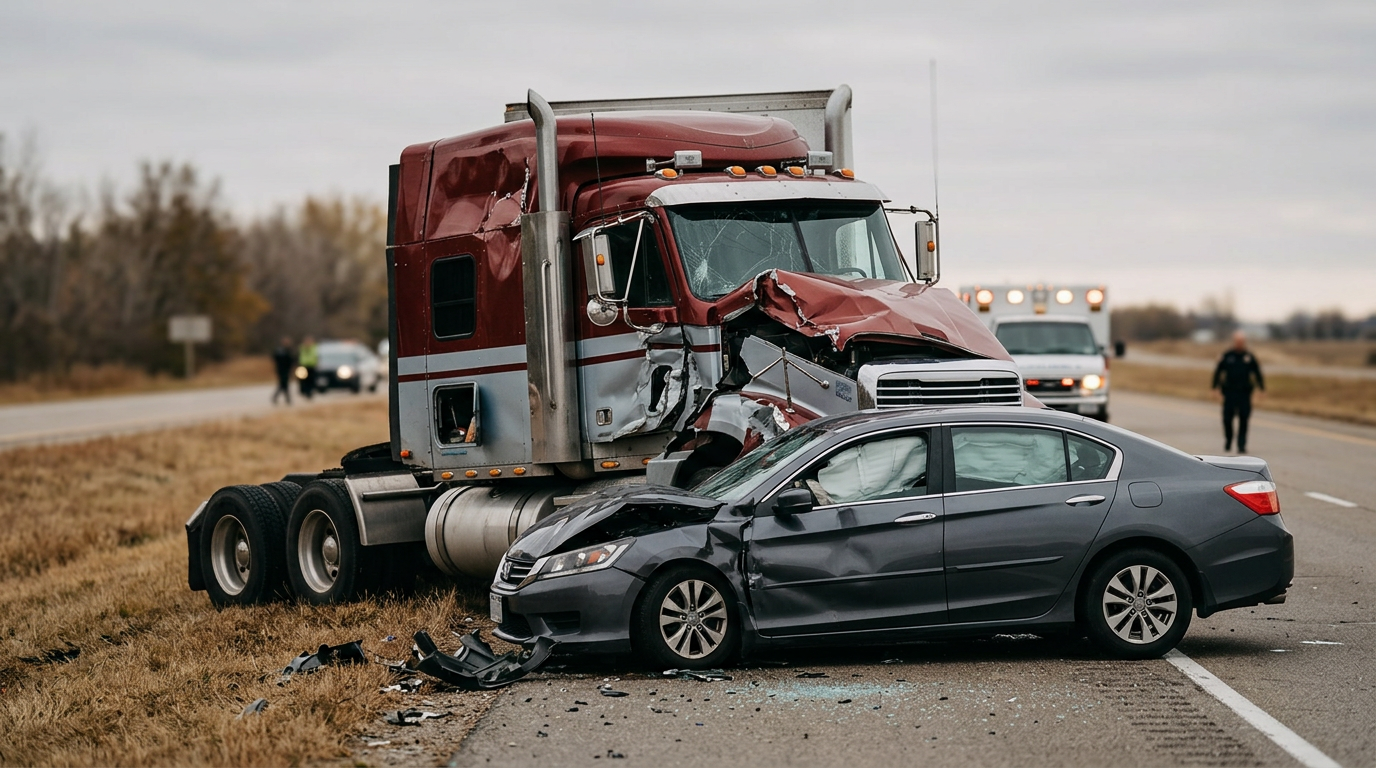 Damaged semi truck and crushed passenger vehicle after a serious highway collision.