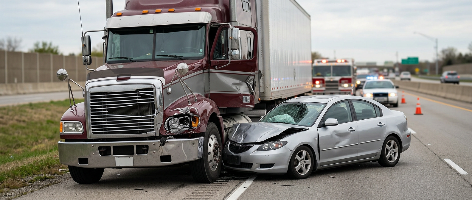 Damaged semi truck and crushed passenger vehicle after a serious highway collision.