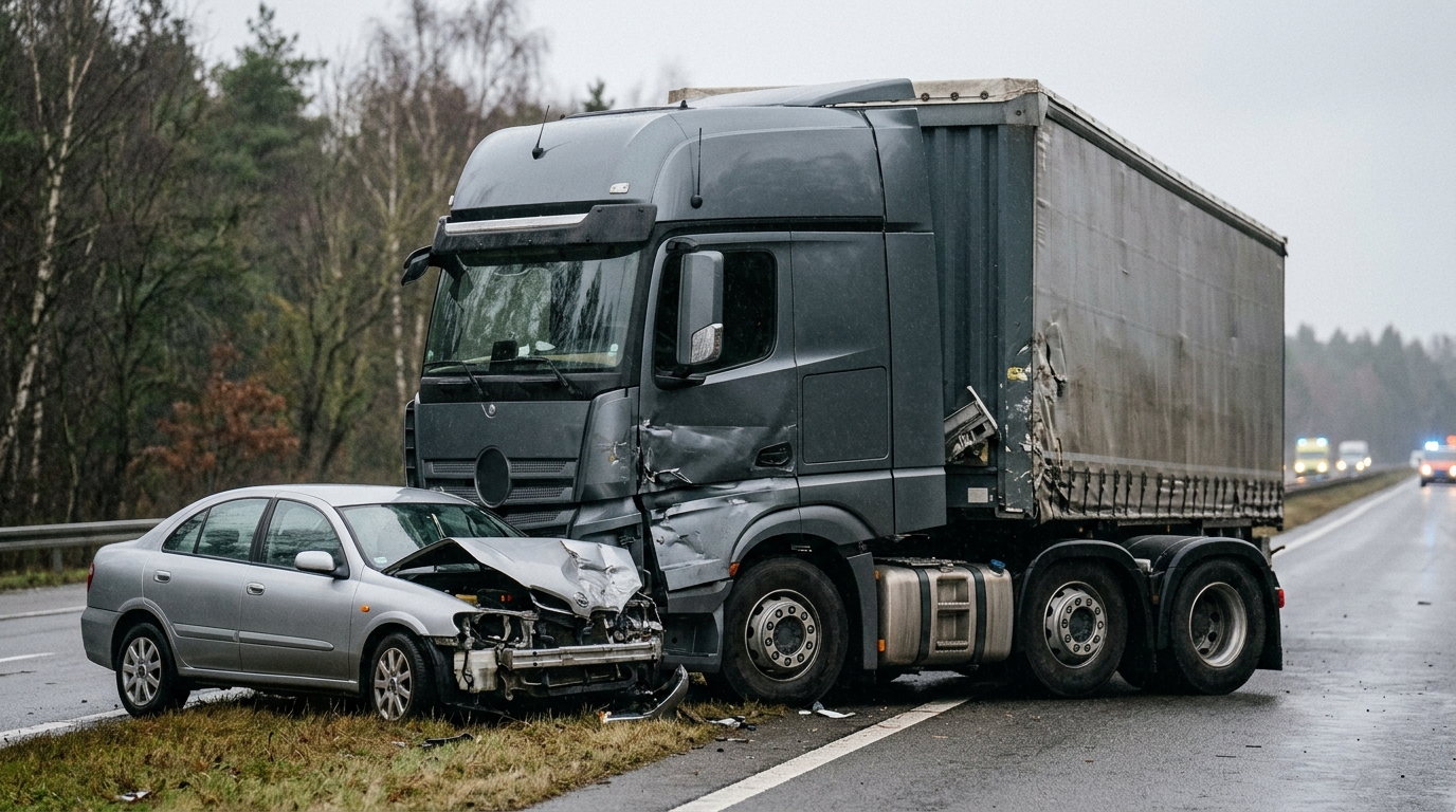 Damaged semi truck and crushed passenger vehicle after a serious highway collision.
