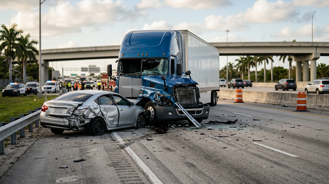 Damaged semi truck and crushed passenger vehicle after a serious highway collision.