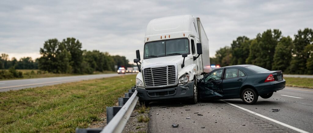 Damaged semi truck and crushed passenger vehicle at the scene of a serious truck accident.
