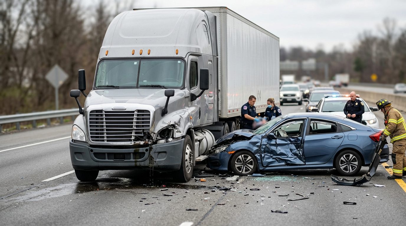 Damaged semi truck and crushed passenger vehicle at the scene of a serious highway collision.