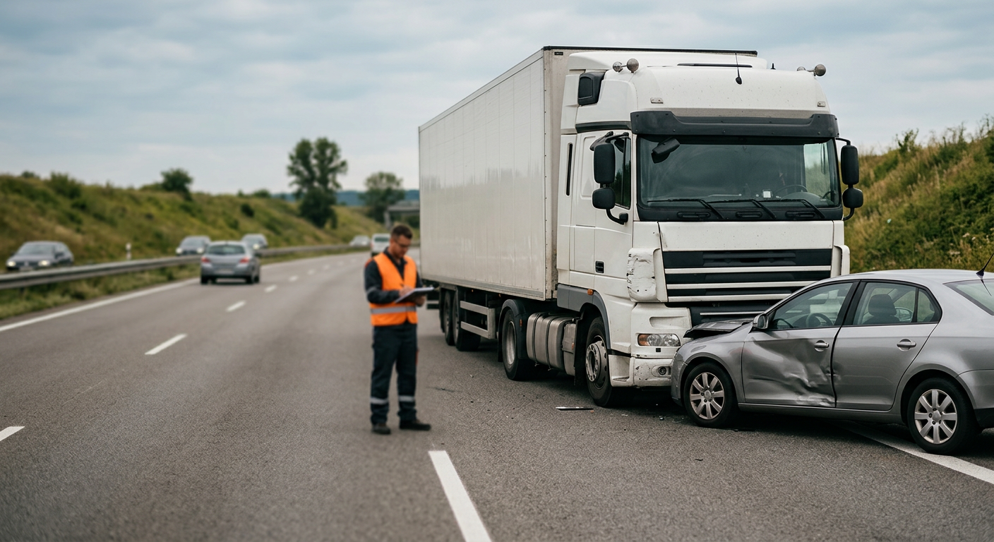 Damaged semi truck and crushed passenger vehicle at the scene of a serious highway collision.