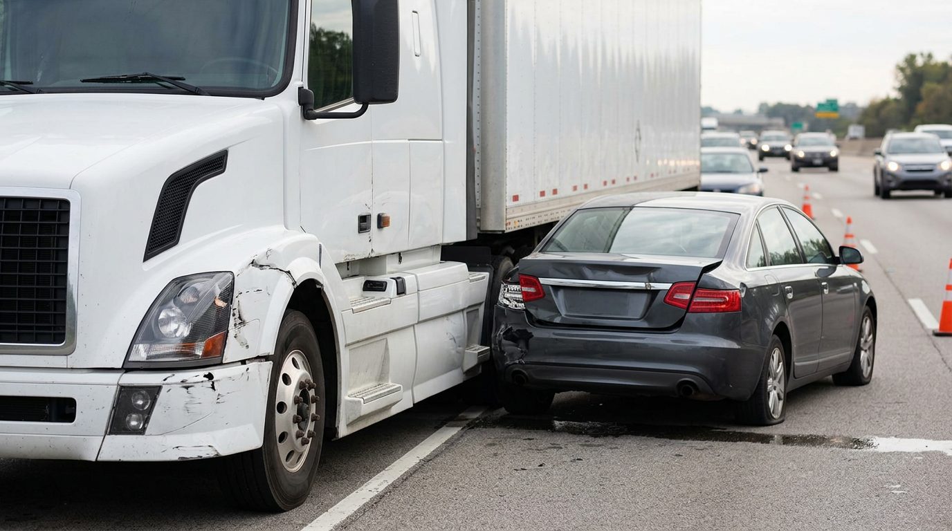 Damaged semi truck and crushed passenger vehicle at the scene of a serious highway accident.