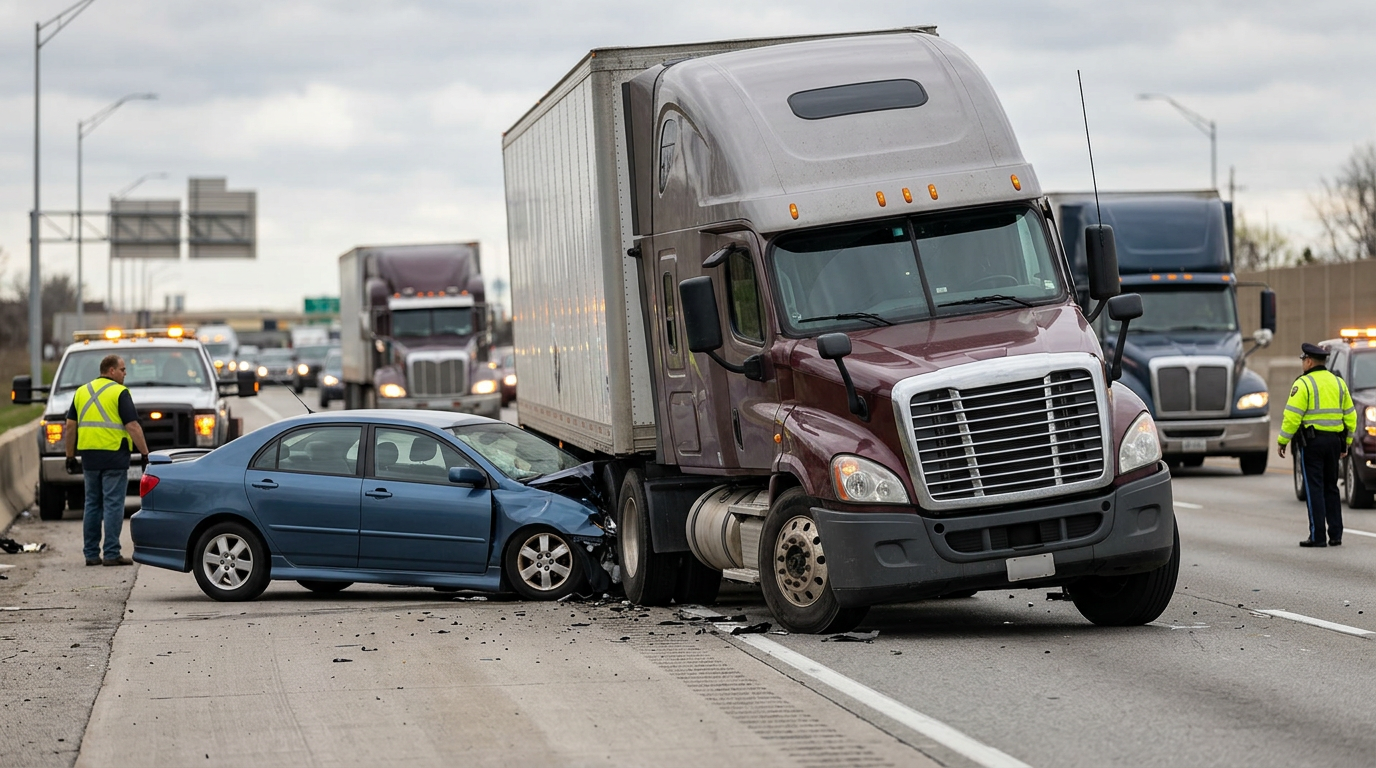 Damaged semi truck and crushed passenger vehicle at the scene of a serious highway collision.