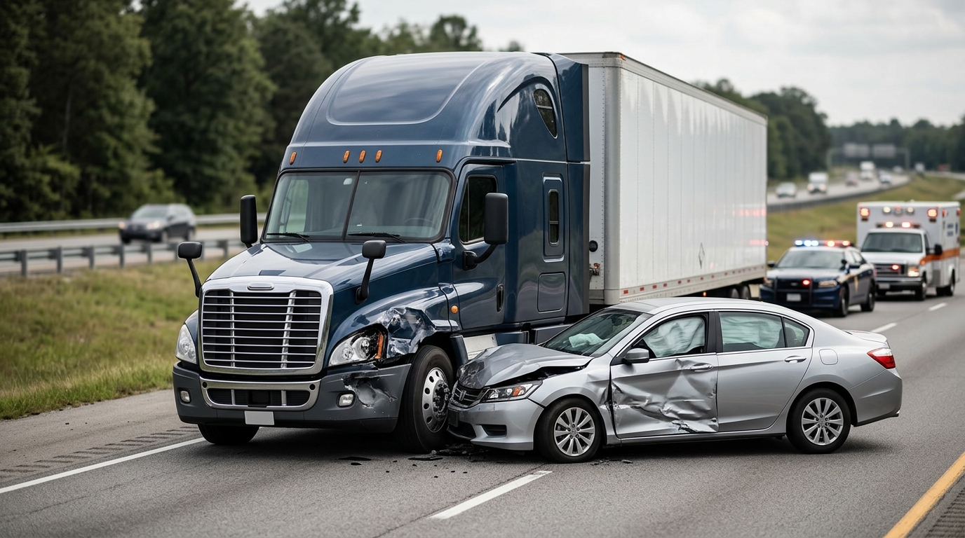 Damaged semi truck and crushed passenger vehicle at the scene of a serious highway collision.