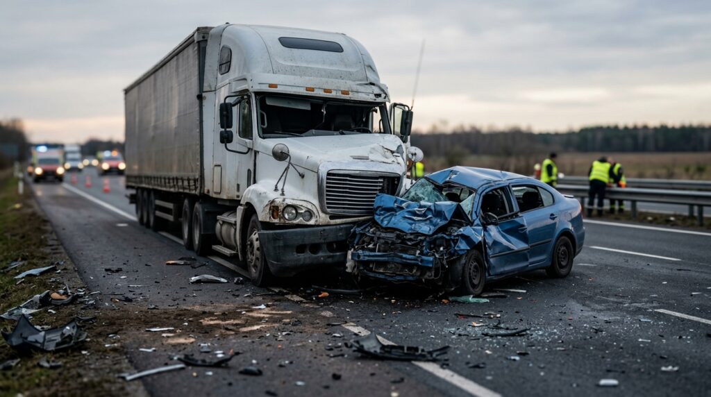 Damaged semi truck and crushed passenger vehicle at the scene of a serious highway accident.