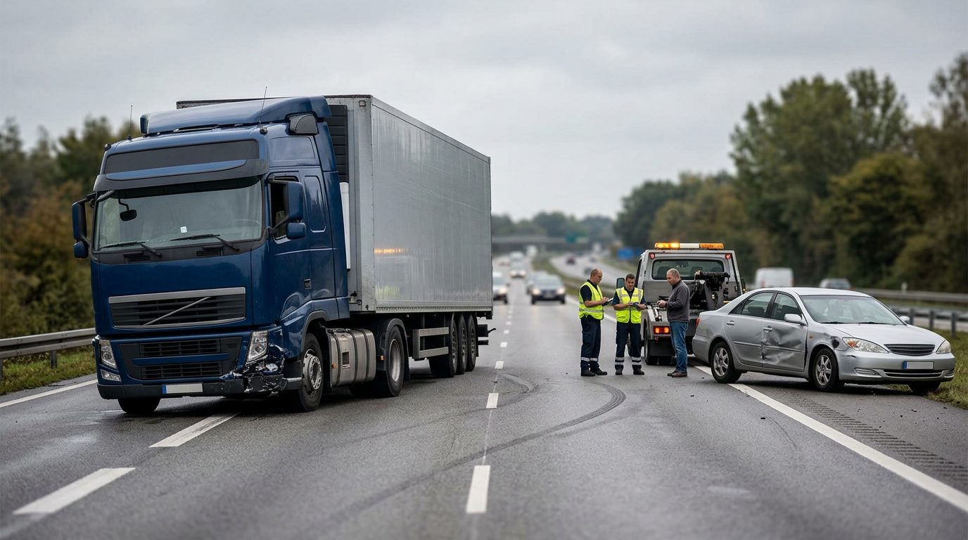 Damaged semi truck and passenger car after a jackknife collision on highway.