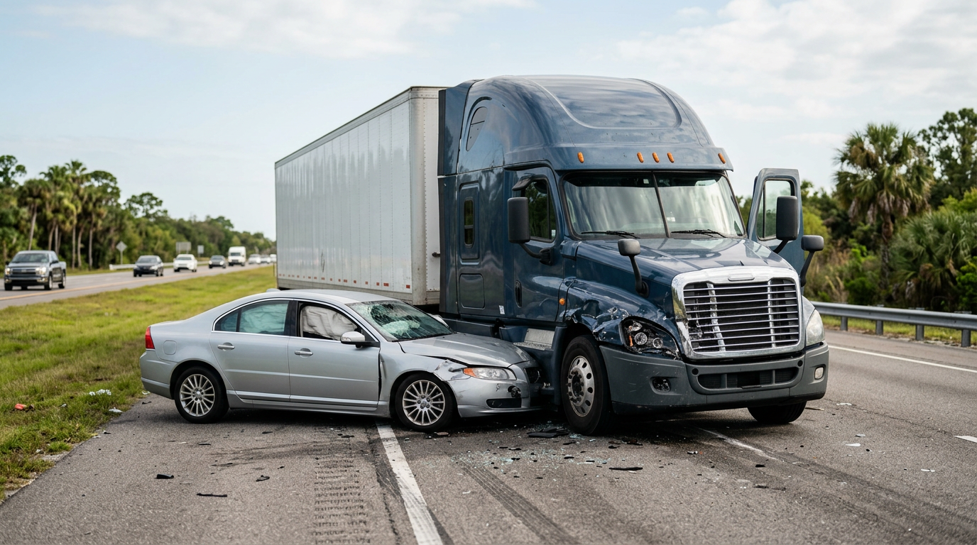 Damaged semi truck and passenger car after a serious collision on a Florida road.