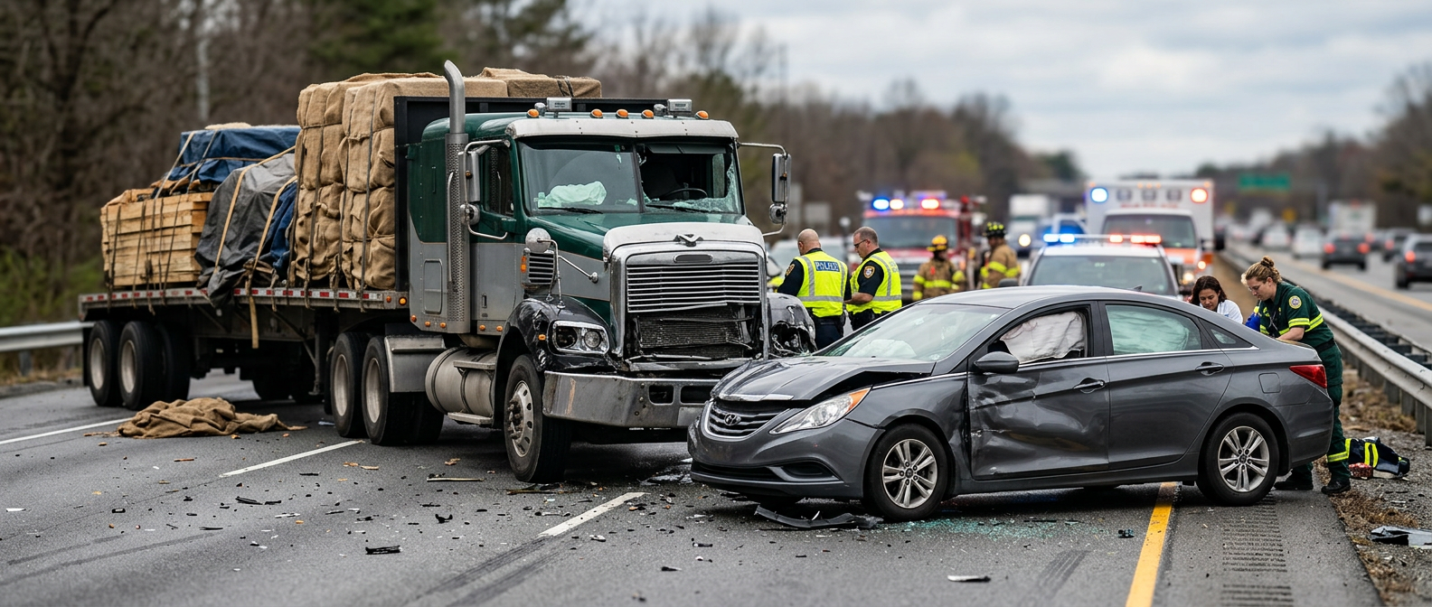 Damaged semi truck and passenger car after a serious collision on the roadway.