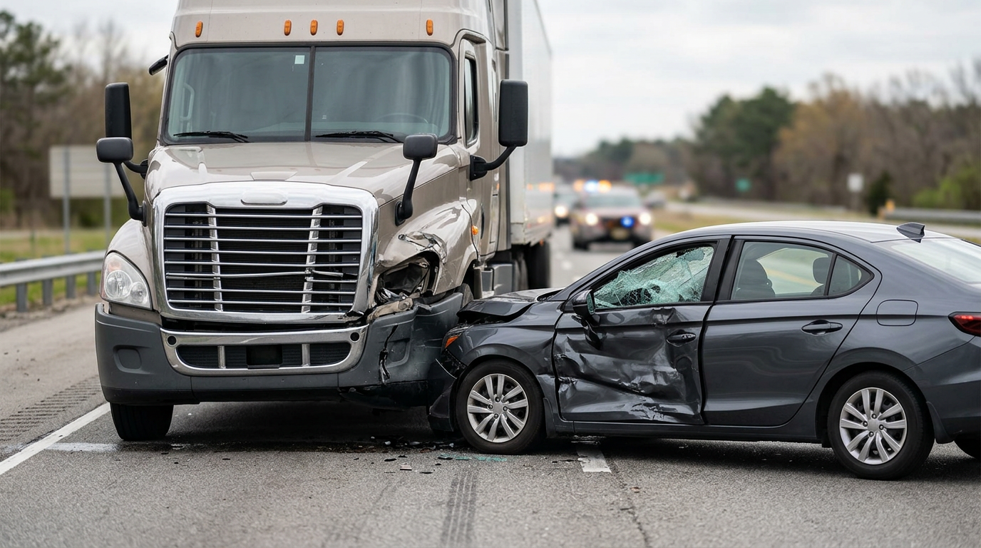 Damaged semi truck and passenger car after a serious collision on the road.