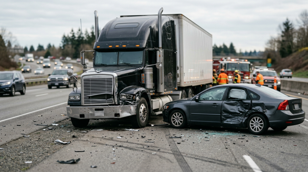 Damaged semi truck and passenger car after a serious highway collision.