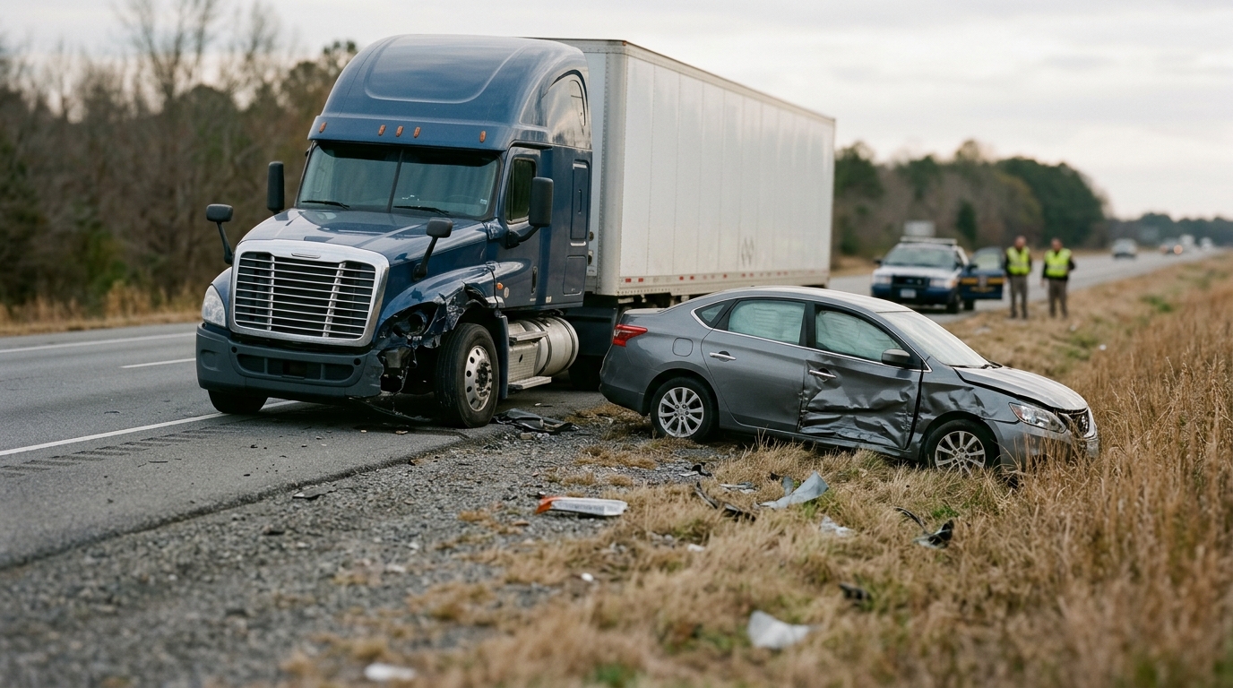 Damaged semi truck and passenger car after a serious highway collision.