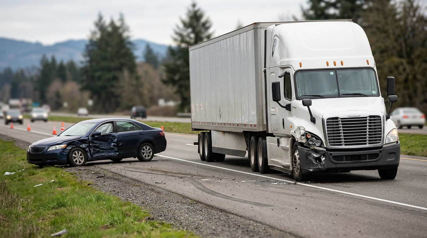 Damaged semi truck and passenger car after a serious highway collision.