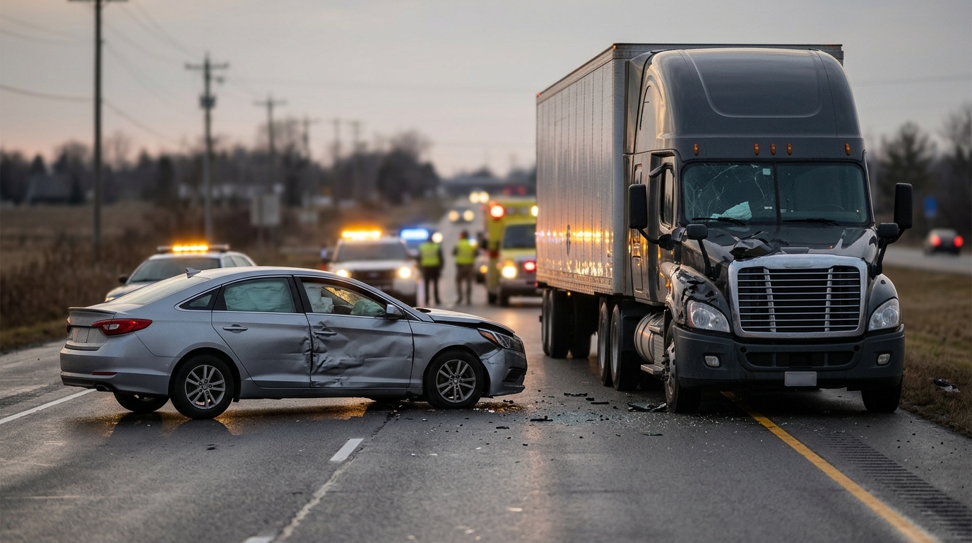 Damaged semi-truck and passenger car after a serious highway collision.