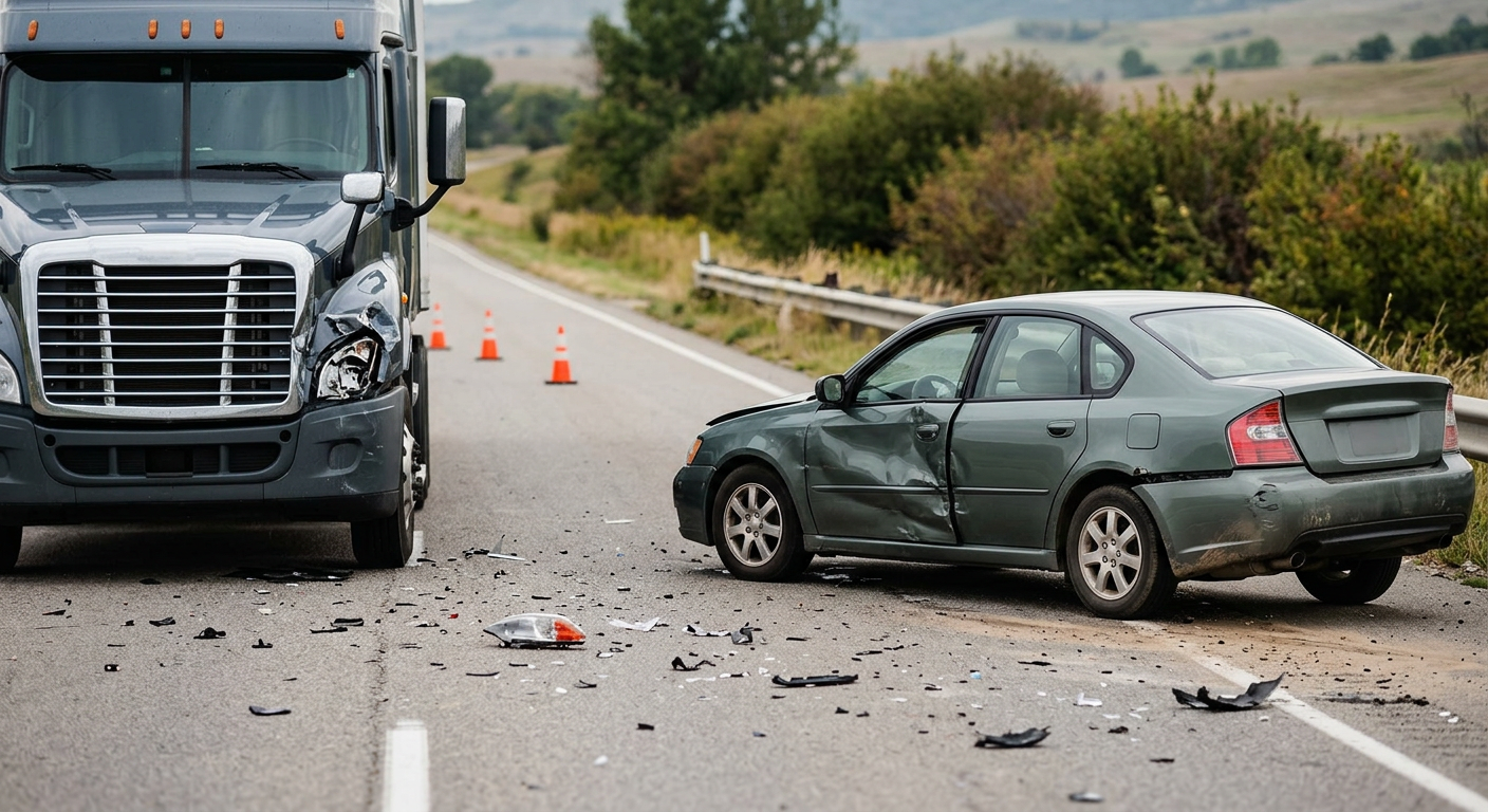 Damaged semi truck and passenger car after a serious highway collision.