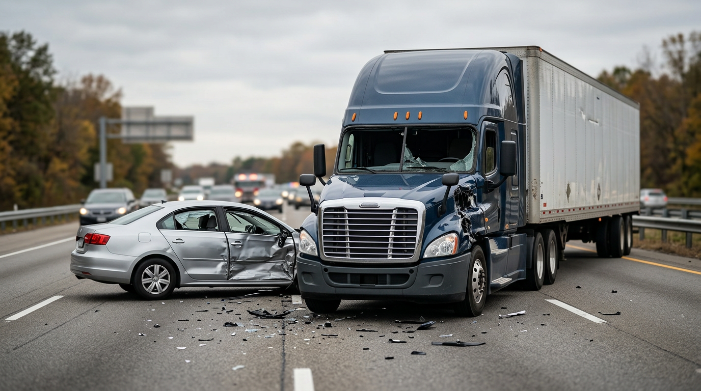 Damaged semi truck and passenger car after a serious highway collision.