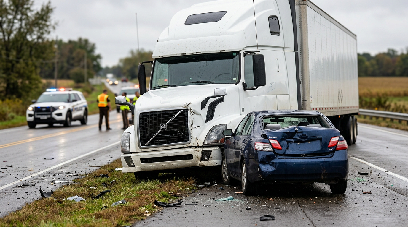 Damaged semi-truck and passenger car after a serious highway collision.