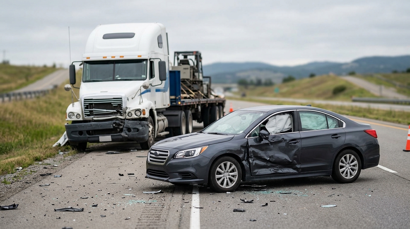 Damaged semi truck and passenger car after a serious highway collision.