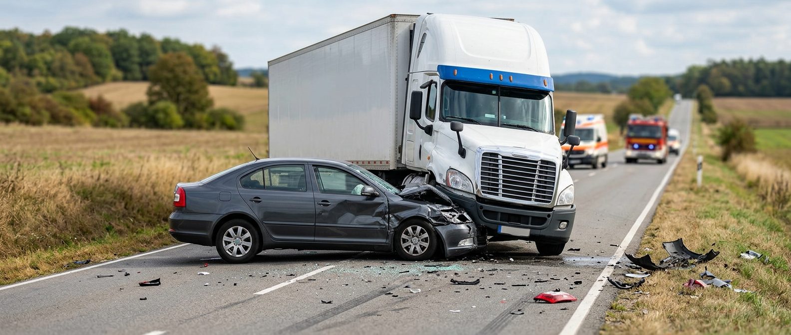 Damaged semi truck and passenger car after collision on highway.