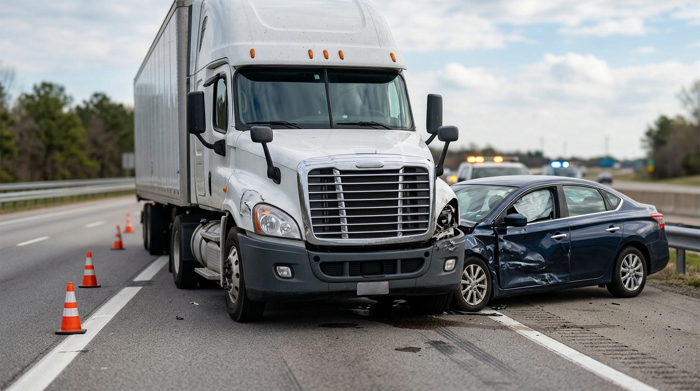 Damaged semi truck and passenger car after collision on roadway.