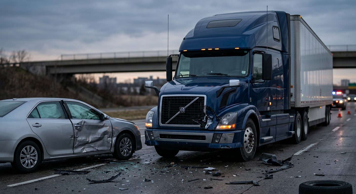 Damaged semi truck and passenger car after collision on roadway.