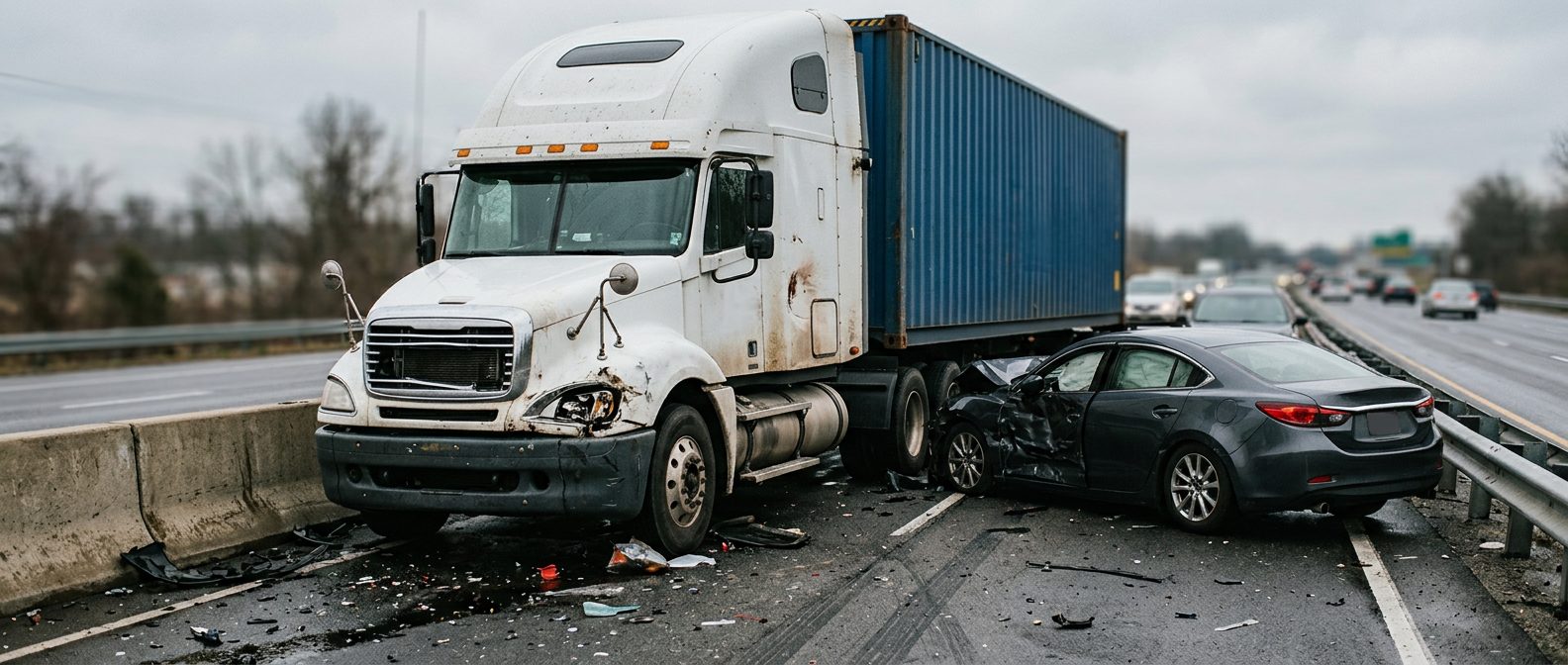 Damaged semi truck and passenger car after collision on roadway.