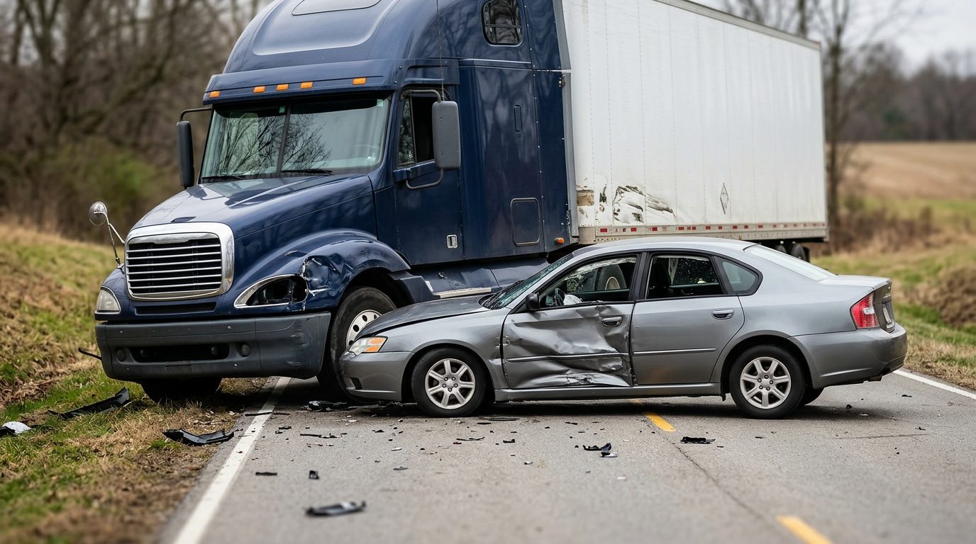Damaged semi truck and passenger car after collision on roadway.