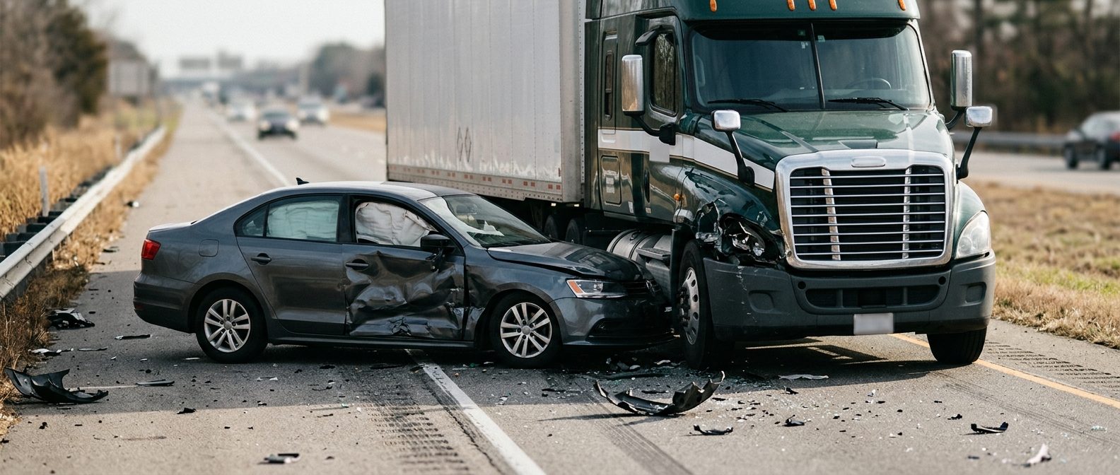 Damaged semi truck and passenger car after collision on roadway.