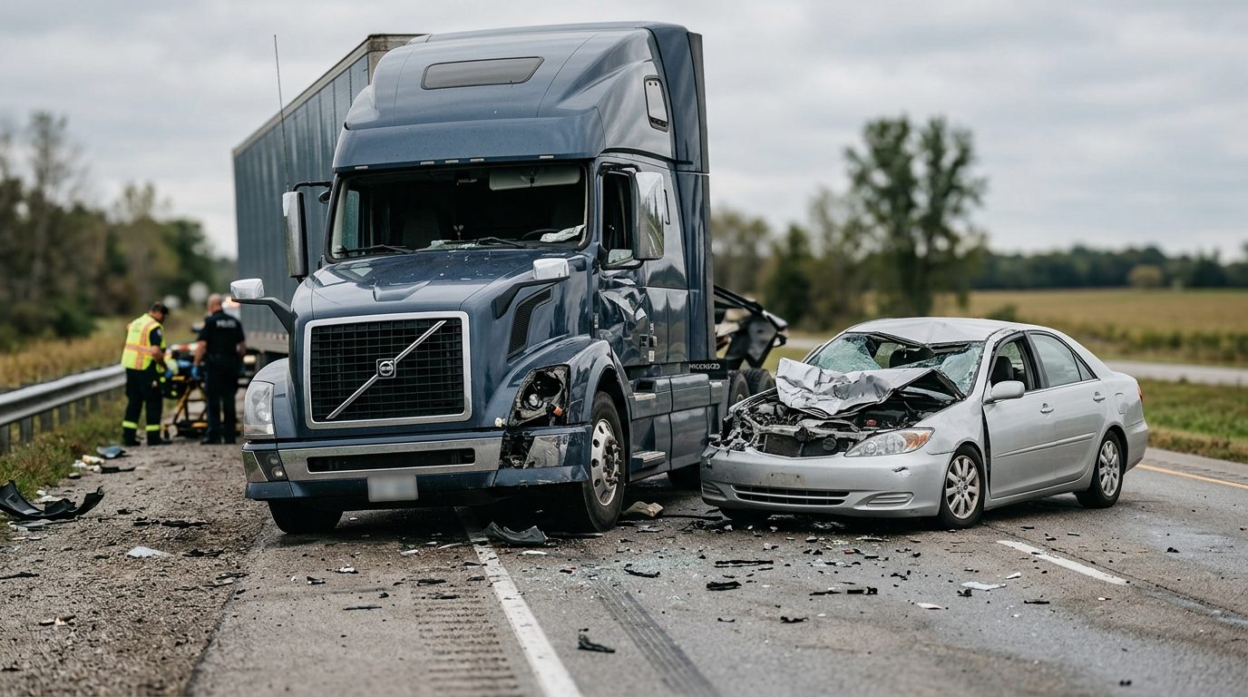 Damaged semi truck and passenger car after collision on roadway.