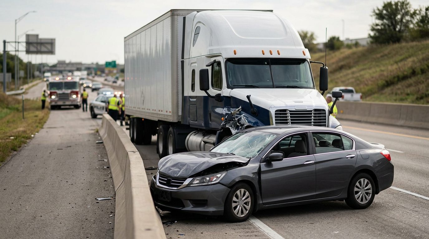 Damaged semi-truck and passenger car after collision on roadway.