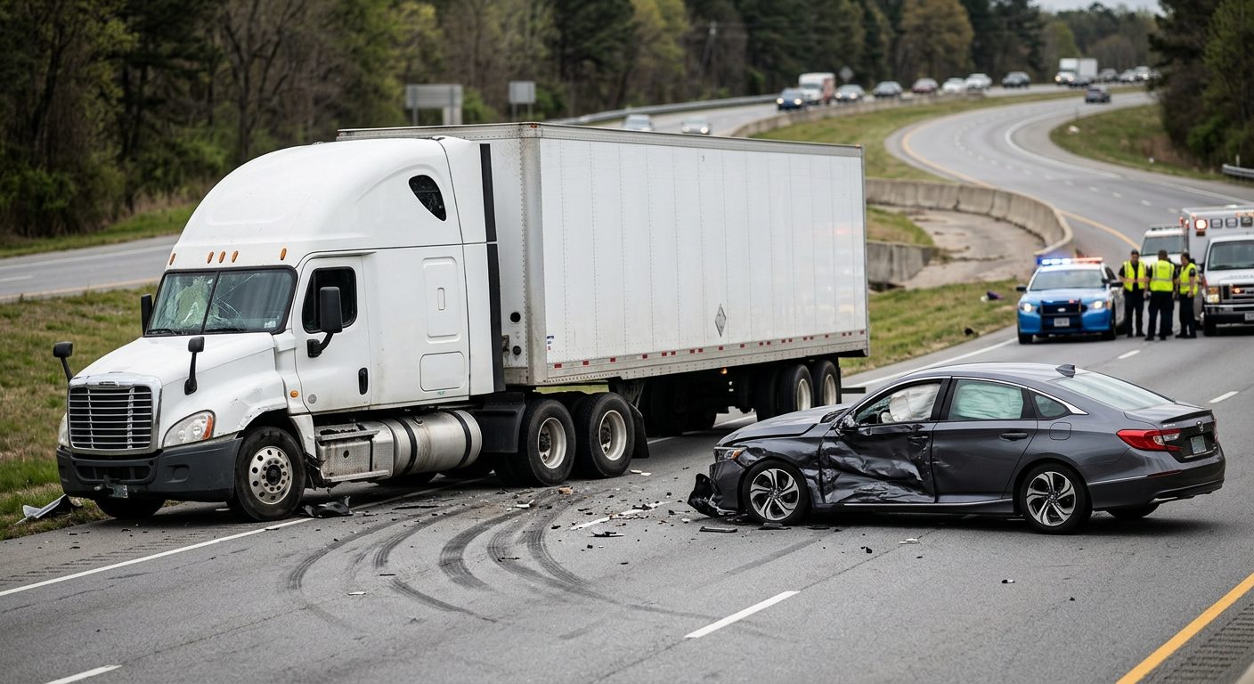 Damaged semi truck and passenger car after collision on roadway.