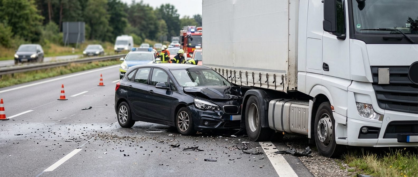 Damaged semi truck and passenger car after collision on roadway.