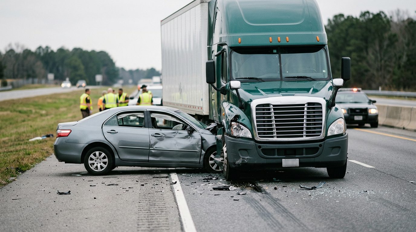 Damaged semi truck and passenger car at accident scene.