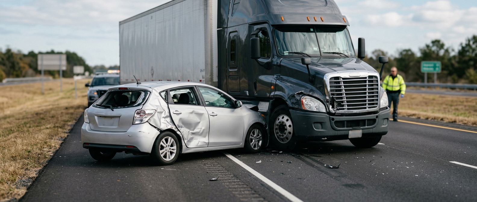 Damaged semi truck and passenger car on a road after a serious collision.