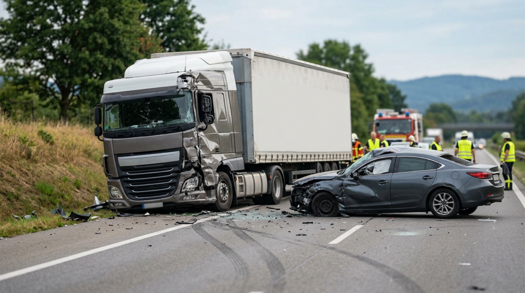 Damaged semi truck and passenger car on a road after a serious collision.
