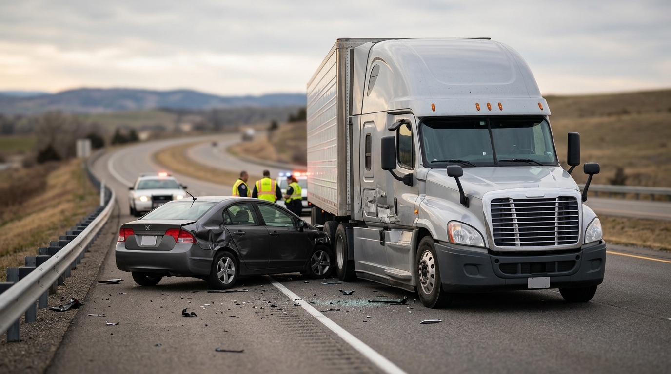 Damaged semi truck and passenger car on a road after a serious collision.