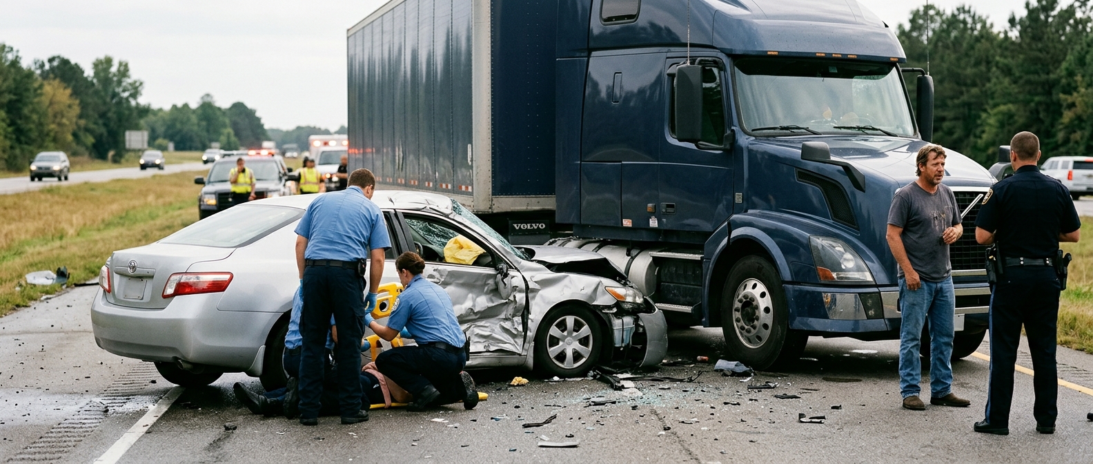 Damaged semi truck and passenger car on the road after a serious collision.
