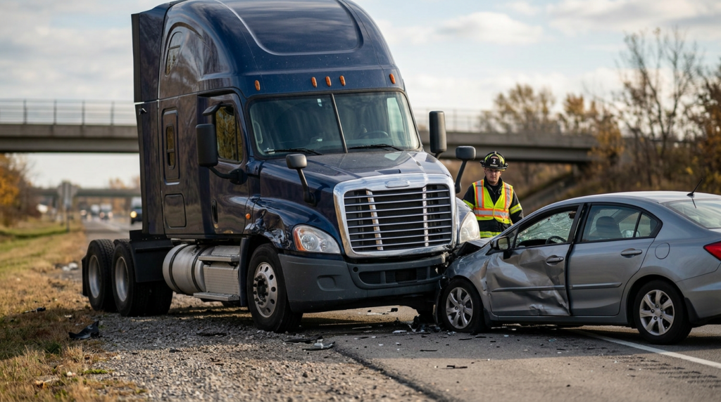 Damaged semi truck and passenger vehicle after a serious collision on the road.