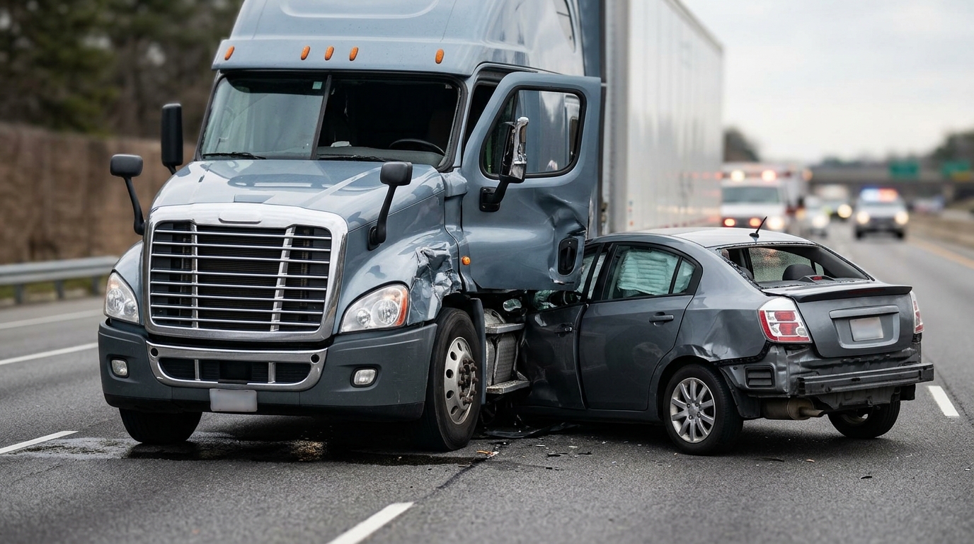 Damaged semi truck and passenger vehicle after a serious collision on the road.