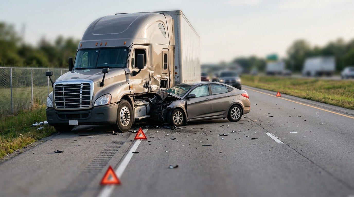Damaged semi truck and passenger vehicle after a serious collision.
